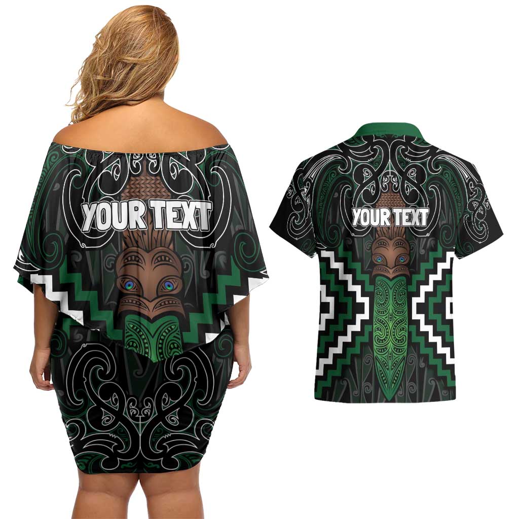 Maori Taiaha Pounamu Whakairo Personalized Couples Matching Off Shoulder Short Dress and Hawaiian Shirt Jade Poutama Motifs