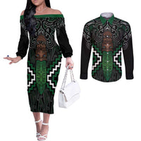 Maori Taiaha Pounamu Whakairo Personalized Couples Matching Off The Shoulder Long Sleeve Dress and Long Sleeve Button Shirt Jade Poutama Motifs LT7 Jade - Polynesian Pride