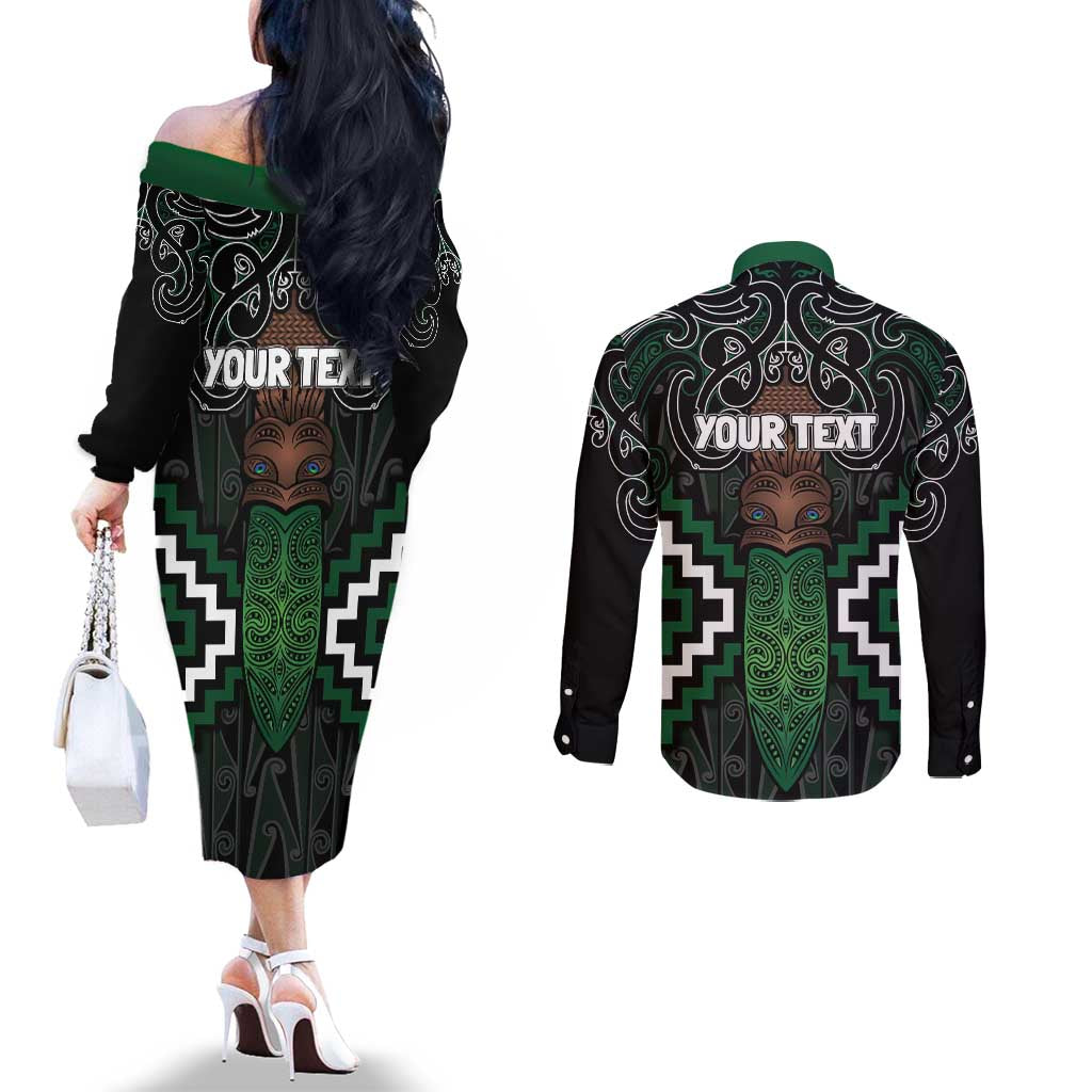 Maori Taiaha Pounamu Whakairo Personalized Couples Matching Off The Shoulder Long Sleeve Dress and Long Sleeve Button Shirt Jade Poutama Motifs LT7 - Polynesian Pride