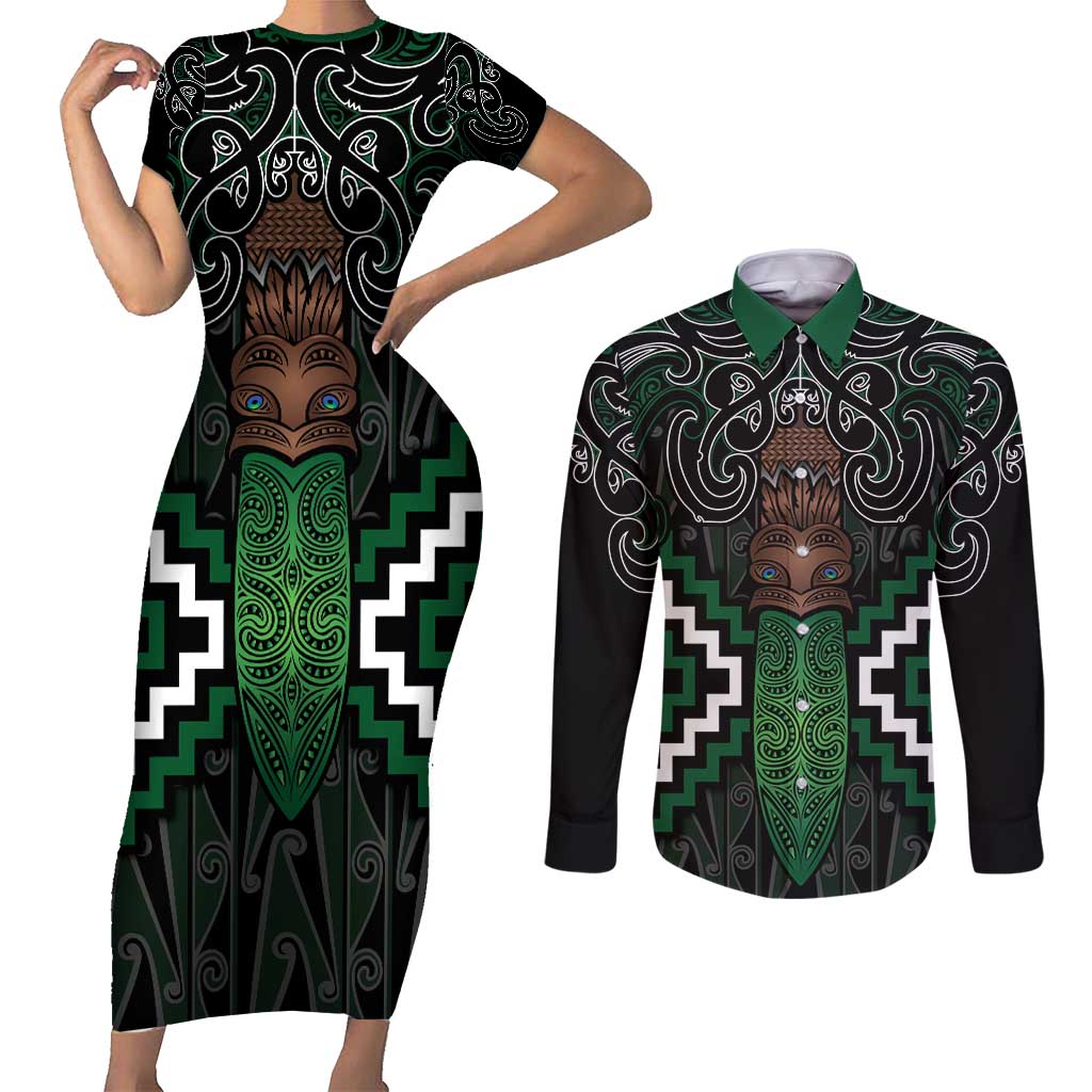 Maori Taiaha Pounamu Whakairo Personalized Couples Matching Short Sleeve Bodycon Dress and Long Sleeve Button Shirt Jade Poutama Motifs