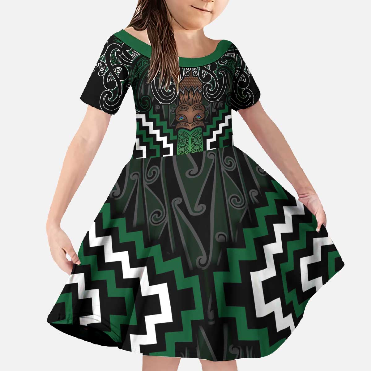 Maori Taiaha Pounamu Whakairo Personalized Family Matching Off The Shoulder Long Sleeve Dress and Hawaiian Shirt Jade Poutama Motifs