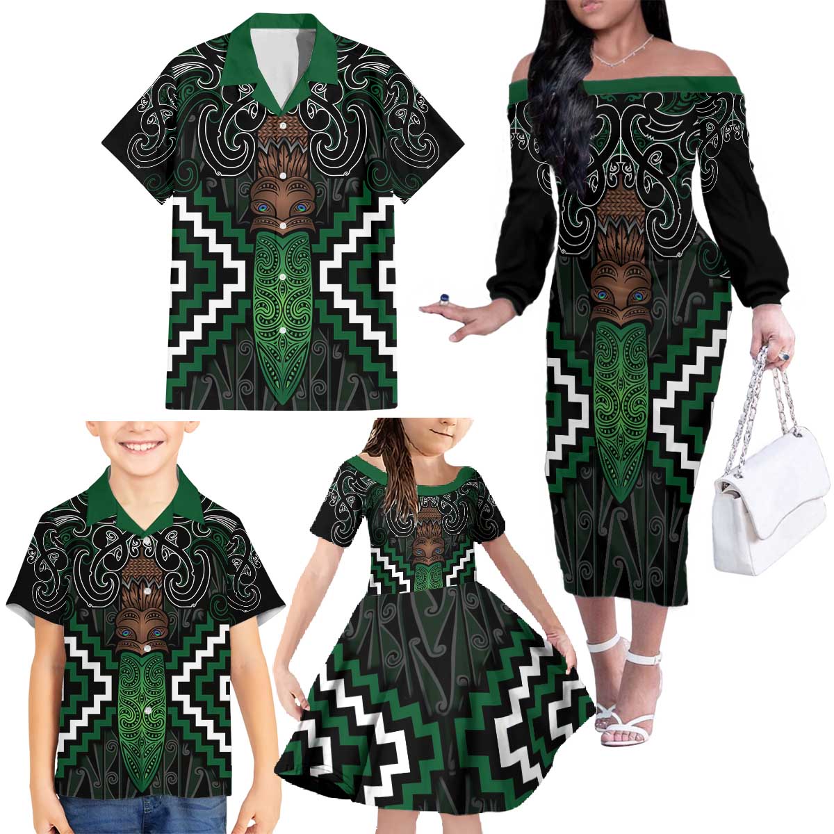 Maori Taiaha Pounamu Whakairo Personalized Family Matching Off The Shoulder Long Sleeve Dress and Hawaiian Shirt Jade Poutama Motifs