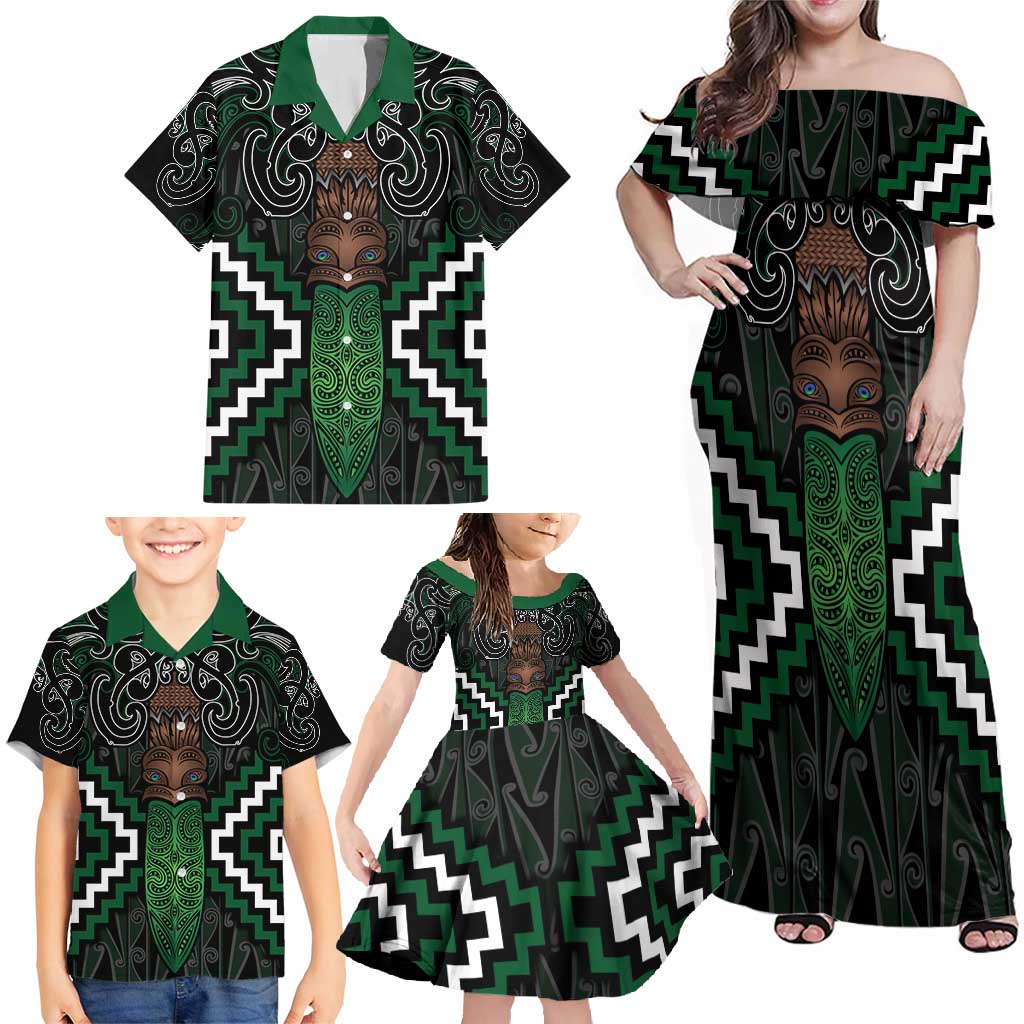 Maori Taiaha Pounamu Whakairo Personalized Family Matching Off Shoulder Maxi Dress and Hawaiian Shirt Jade Poutama Motifs