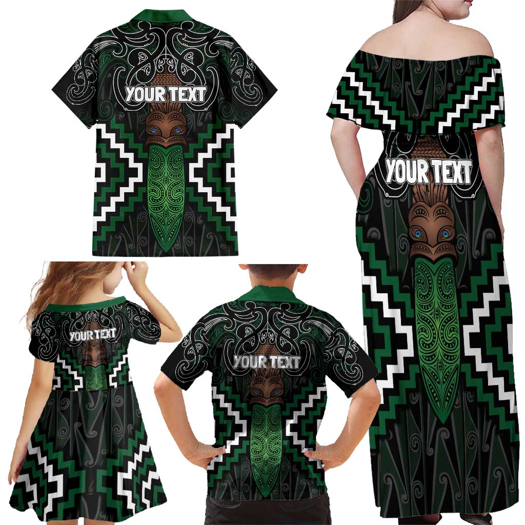 Maori Taiaha Pounamu Whakairo Personalized Family Matching Off Shoulder Maxi Dress and Hawaiian Shirt Jade Poutama Motifs