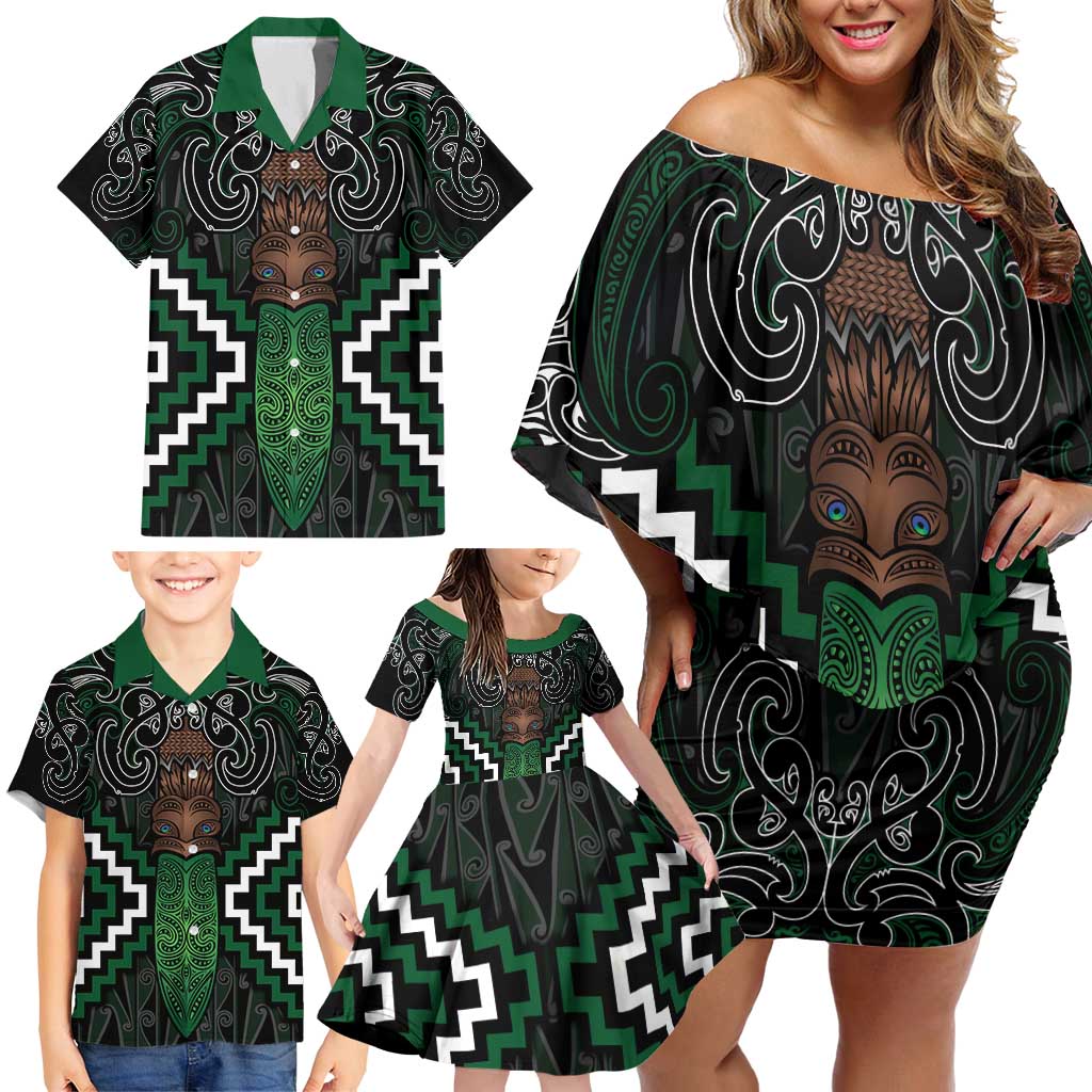 Maori Taiaha Pounamu Whakairo Personalized Family Matching Off Shoulder Short Dress and Hawaiian Shirt Jade Poutama Motifs