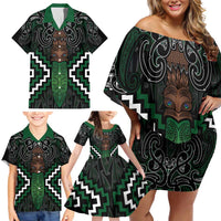 Maori Taiaha Pounamu Whakairo Personalized Family Matching Off Shoulder Short Dress and Hawaiian Shirt Jade Poutama Motifs