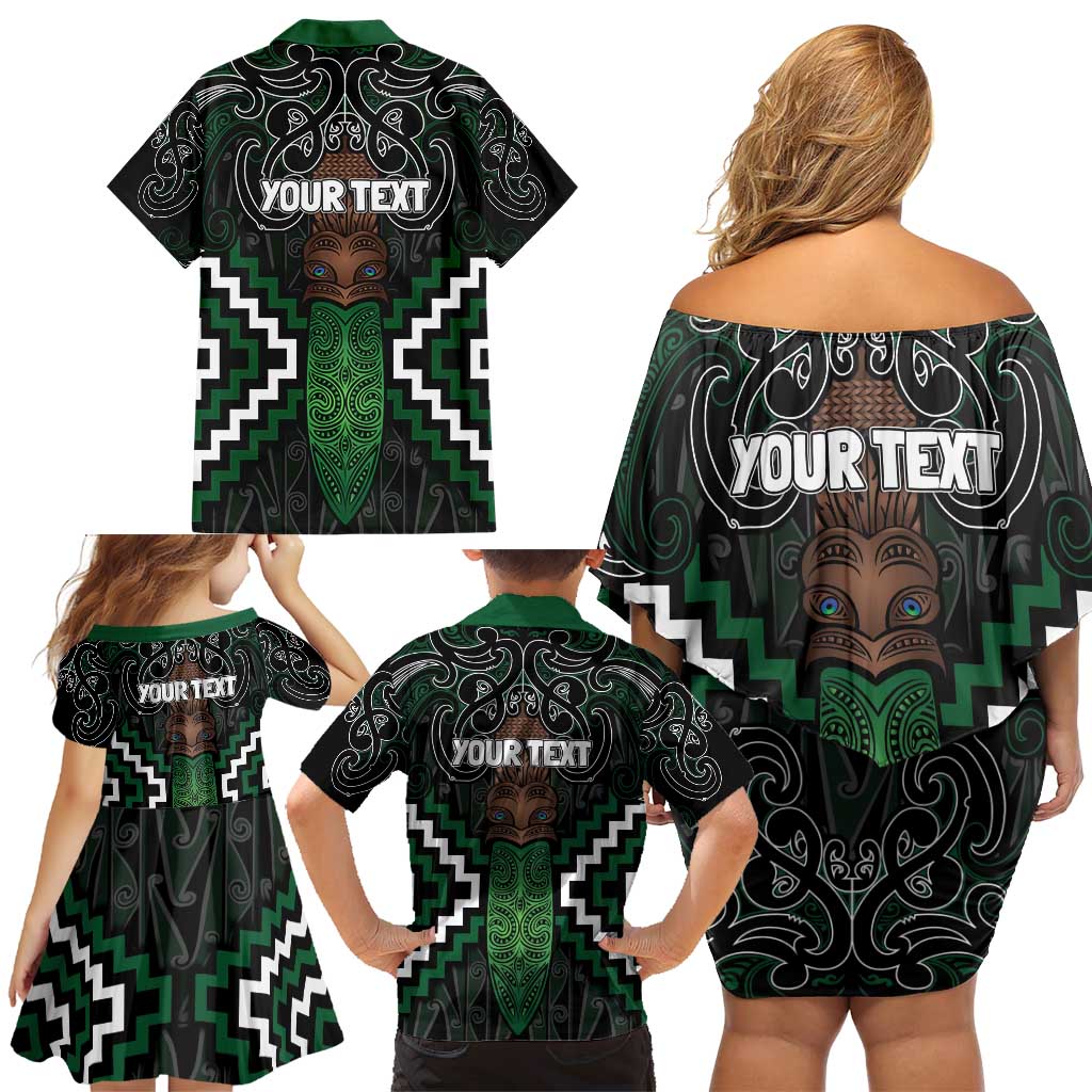 Maori Taiaha Pounamu Whakairo Personalized Family Matching Off Shoulder Short Dress and Hawaiian Shirt Jade Poutama Motifs
