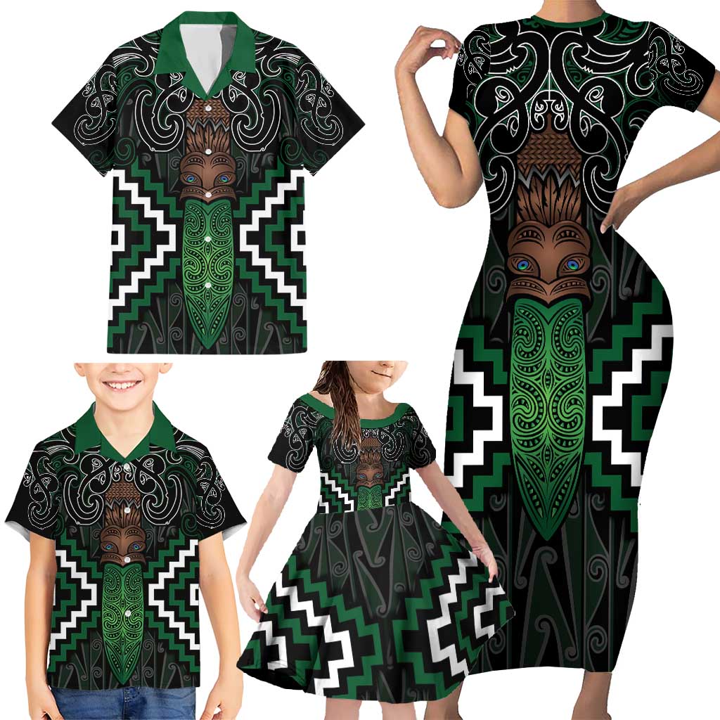 Maori Taiaha Pounamu Whakairo Personalized Family Matching Short Sleeve Bodycon Dress and Hawaiian Shirt Jade Poutama Motifs