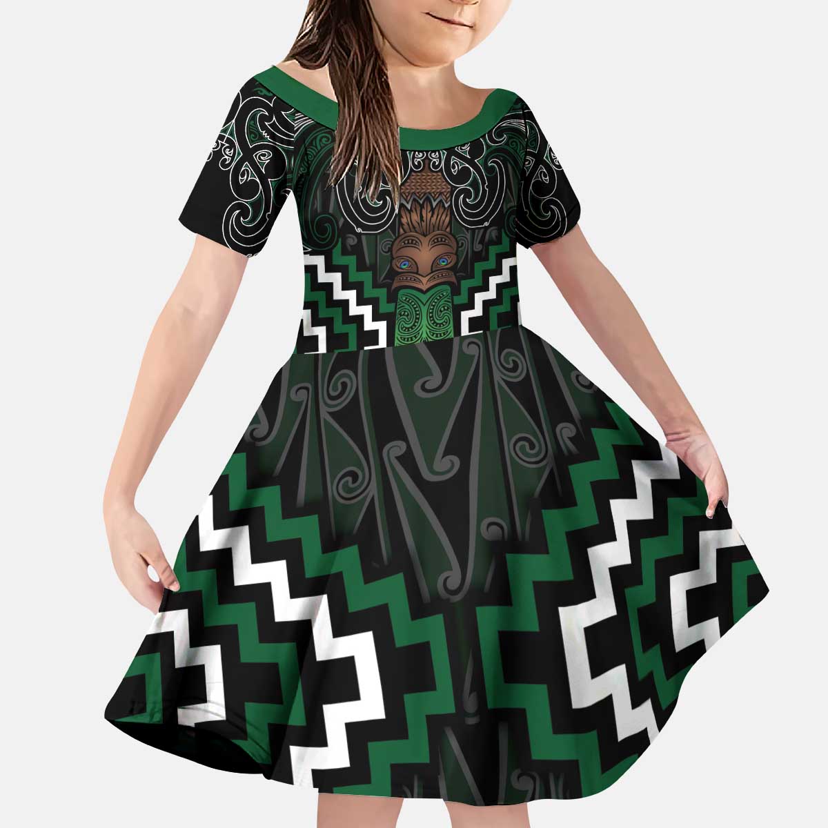 Maori Taiaha Pounamu Whakairo Personalized Kid Short Sleeve Dress Jade Poutama Motifs