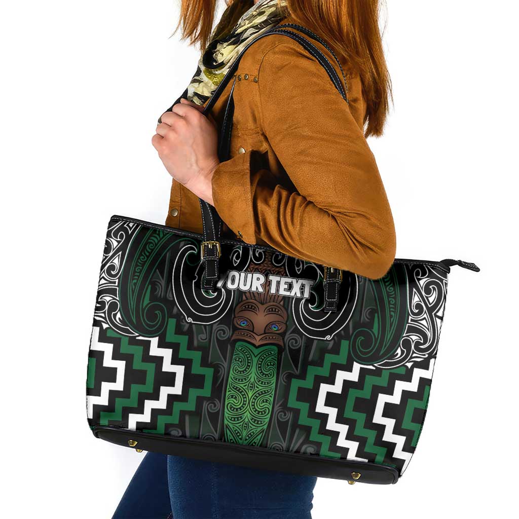Maori Taiaha Pounamu Whakairo Personalized Leather Tote Bag Jade Poutama Motifs