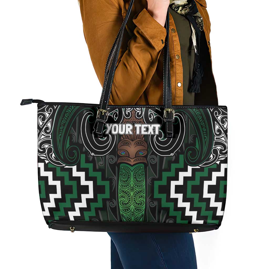 Maori Taiaha Pounamu Whakairo Personalized Leather Tote Bag Jade Poutama Motifs