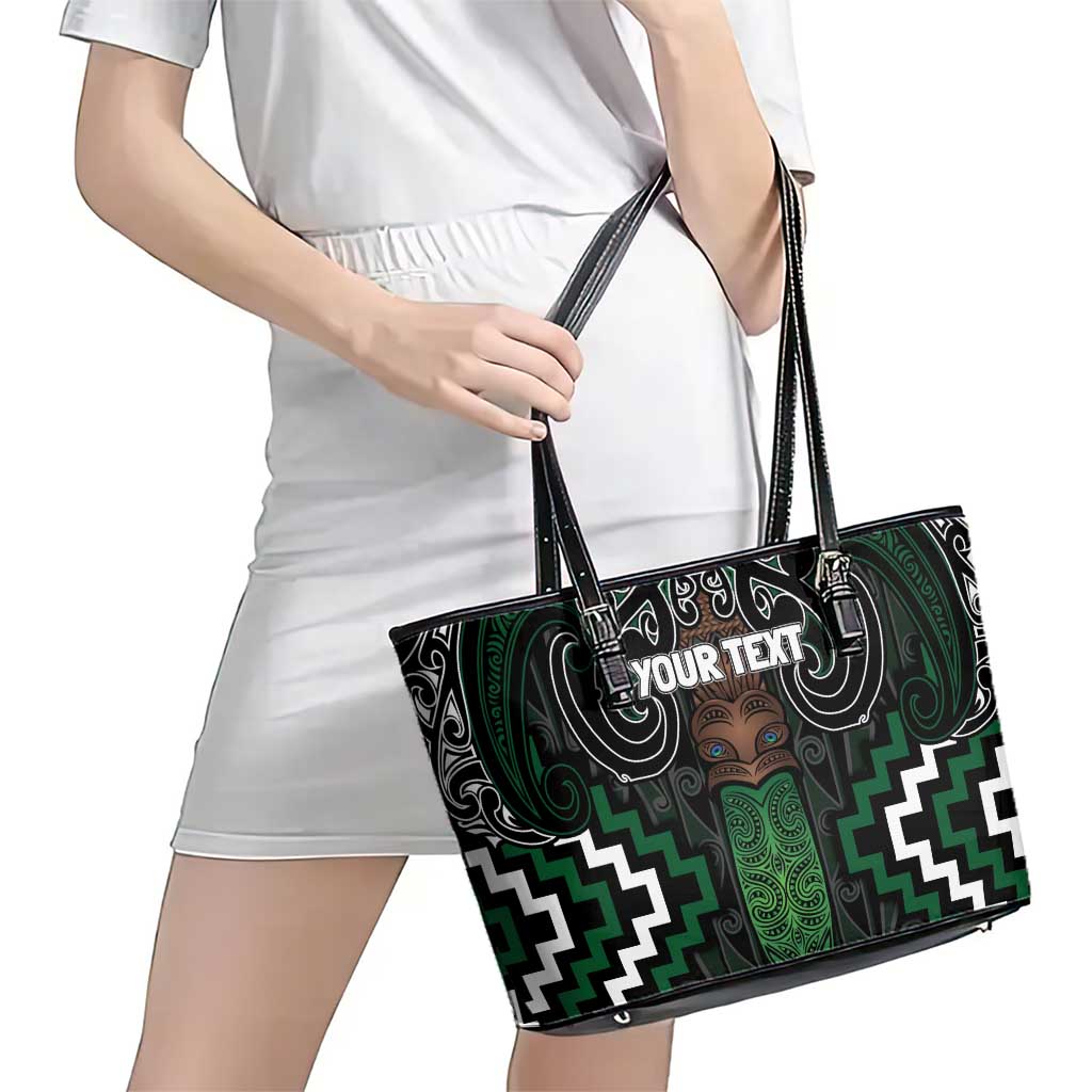 Maori Taiaha Pounamu Whakairo Personalized Leather Tote Bag Jade Poutama Motifs