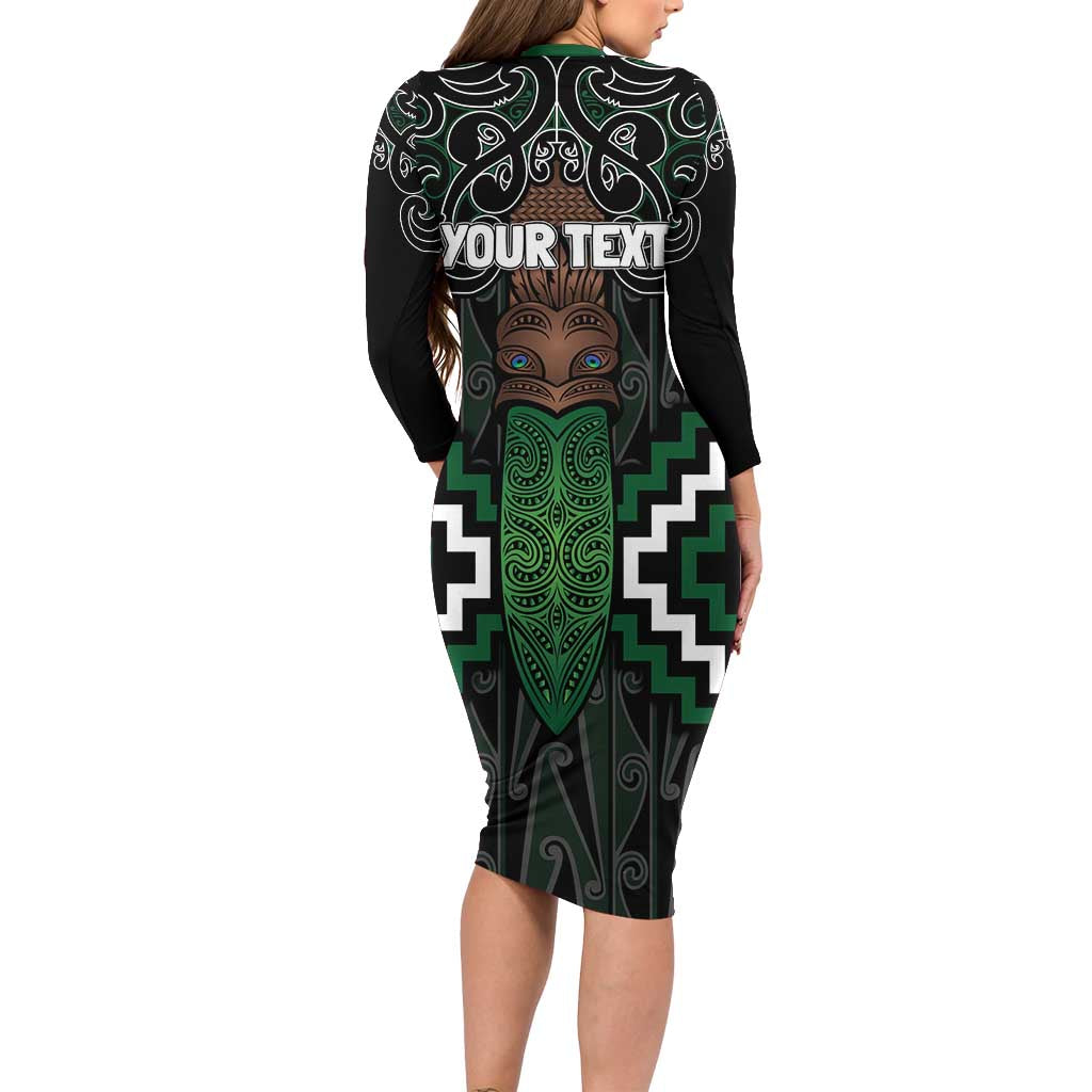 Maori Taiaha Pounamu Whakairo Personalized Long Sleeve Bodycon Dress Jade Poutama Motifs