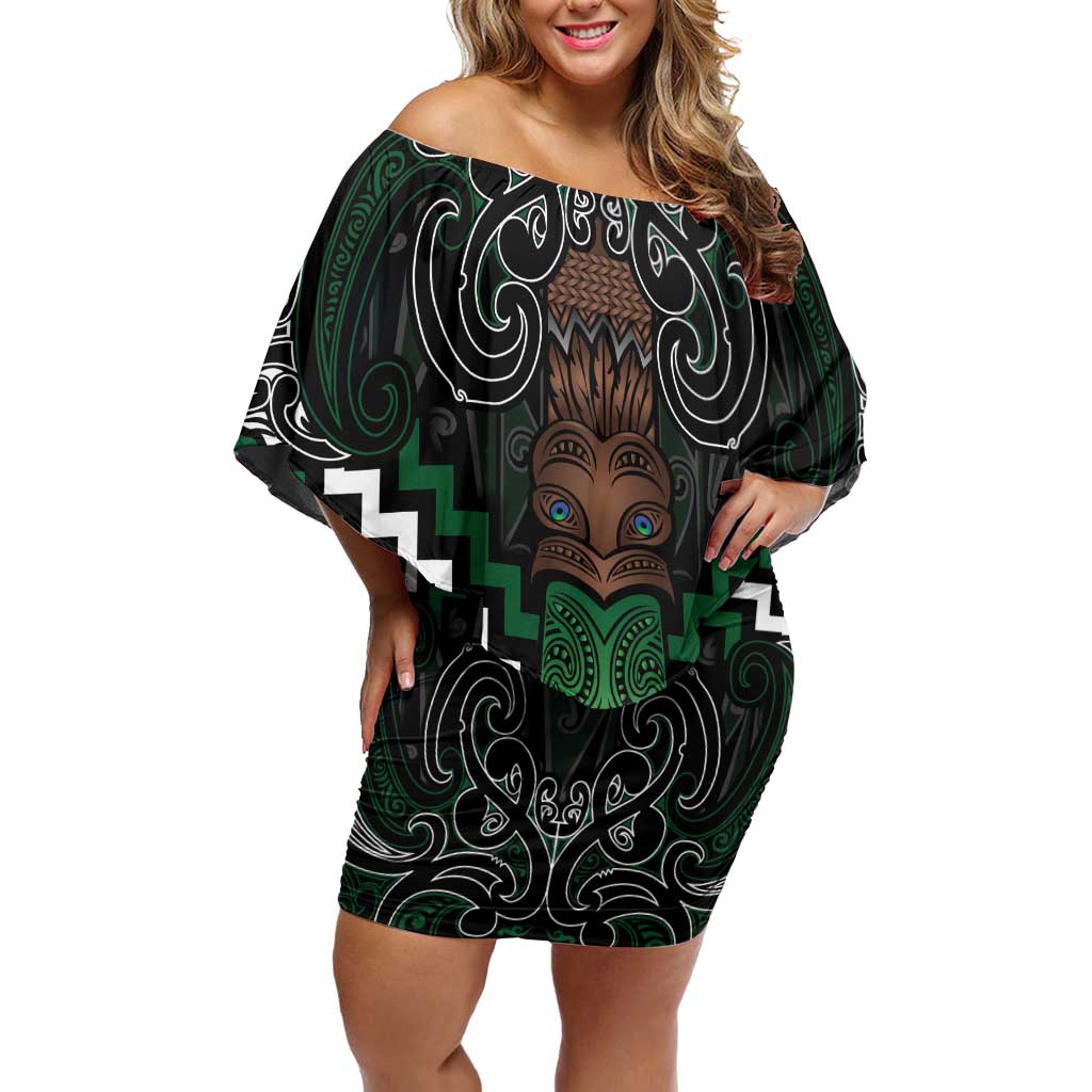 Maori Taiaha Pounamu Whakairo Personalized Off Shoulder Short Dress Jade Poutama Motifs