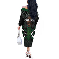Maori Taiaha Pounamu Whakairo Personalized Off The Shoulder Long Sleeve Dress Jade Poutama Motifs