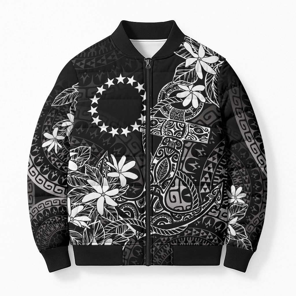 Black Kuki Airani Tapakau Bomber Puffer Jacket Tribal Anchor Mix Tiare