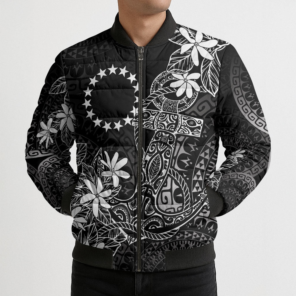Black Kuki Airani Tapakau Bomber Puffer Jacket Tribal Anchor Mix Tiare