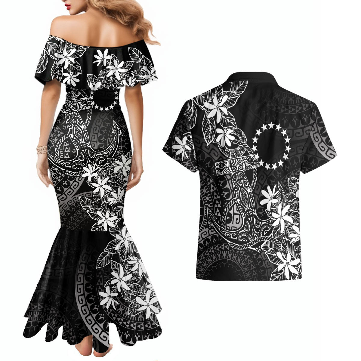Black Kuki Airani Tapakau Couples Matching Mermaid Dress and Hawaiian Shirt Tribal Anchor Mix Tiare