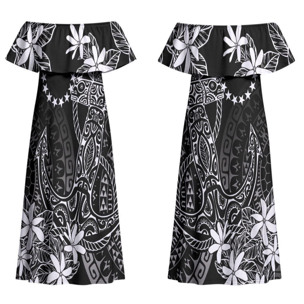 Black Kuki Airani Tapakau Couples Matching Off Shoulder Maxi Dress and Hawaiian Shirt Tribal Anchor Mix Tiare LT7 - Polynesian Pride