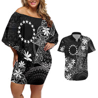 Black Kuki Airani Tapakau Couples Matching Off Shoulder Short Dress and Hawaiian Shirt Tribal Anchor Mix Tiare