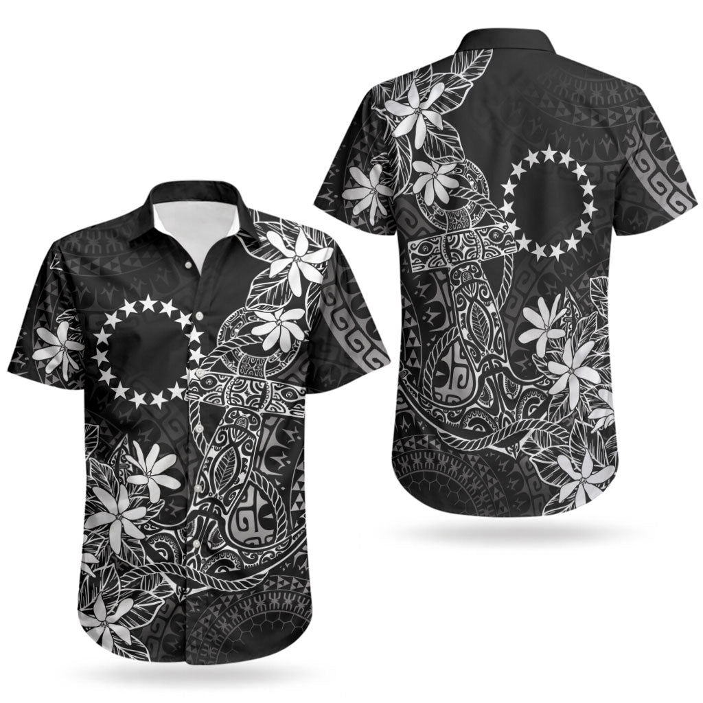 Black Kuki Airani Tapakau Couples Matching Off Shoulder Short Dress and Hawaiian Shirt Tribal Anchor Mix Tiare LT7 - Polynesian Pride