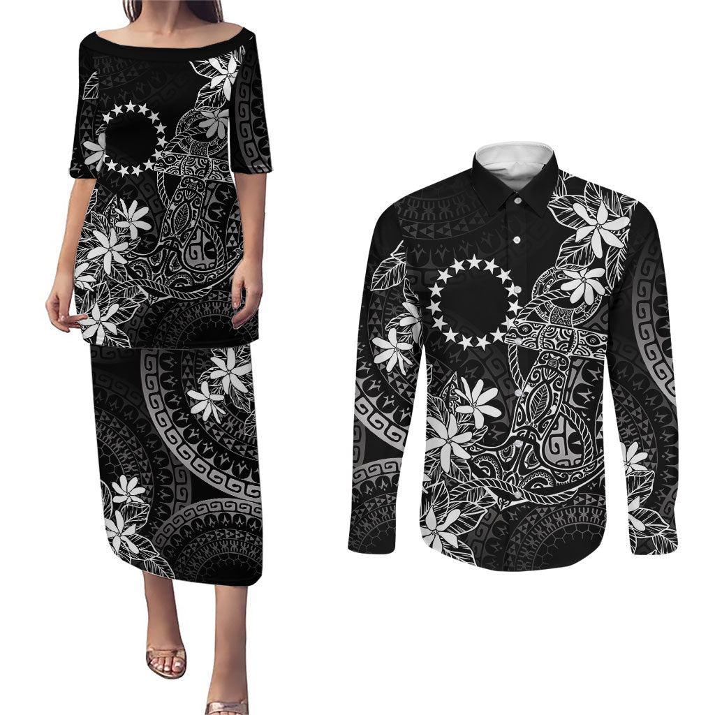 Black Kuki Airani Tapakau Couples Matching Puletasi and Long Sleeve Button Shirt Tribal Anchor Mix Tiare