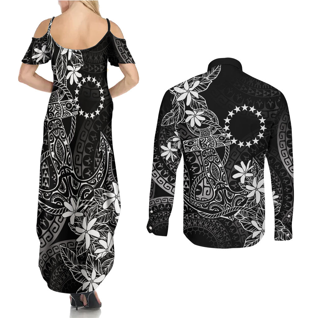 Black Kuki Airani Tapakau Couples Matching Summer Maxi Dress and Long Sleeve Button Shirt Tribal Anchor Mix Tiare