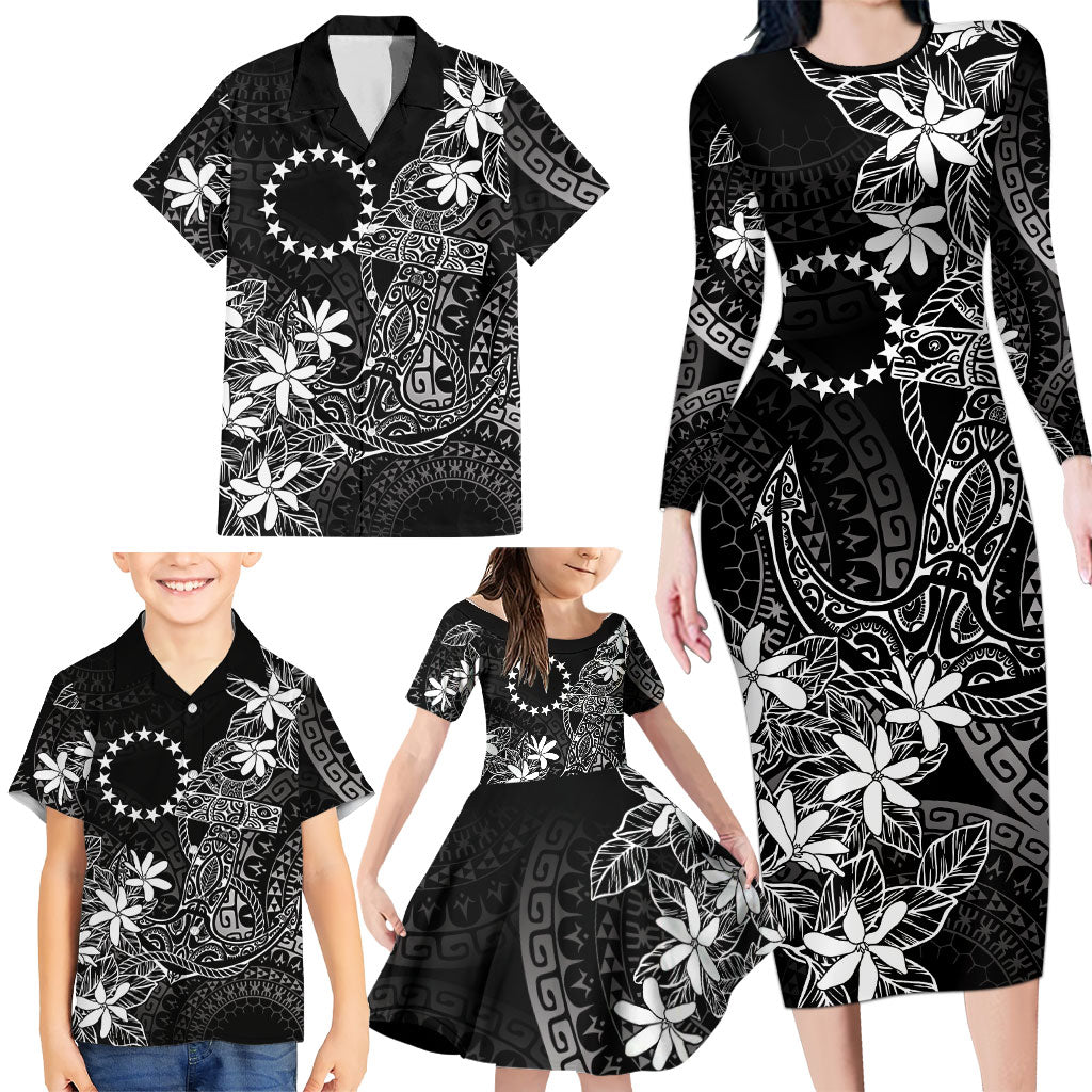 Black Kuki Airani Tapakau Family Matching Long Sleeve Bodycon Dress and Hawaiian Shirt Tribal Anchor Mix Tiare
