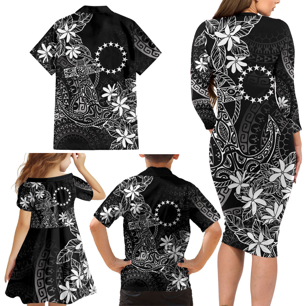 Black Kuki Airani Tapakau Family Matching Long Sleeve Bodycon Dress and Hawaiian Shirt Tribal Anchor Mix Tiare