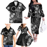 Black Kuki Airani Tapakau Family Matching Off The Shoulder Long Sleeve Dress and Hawaiian Shirt Tribal Anchor Mix Tiare