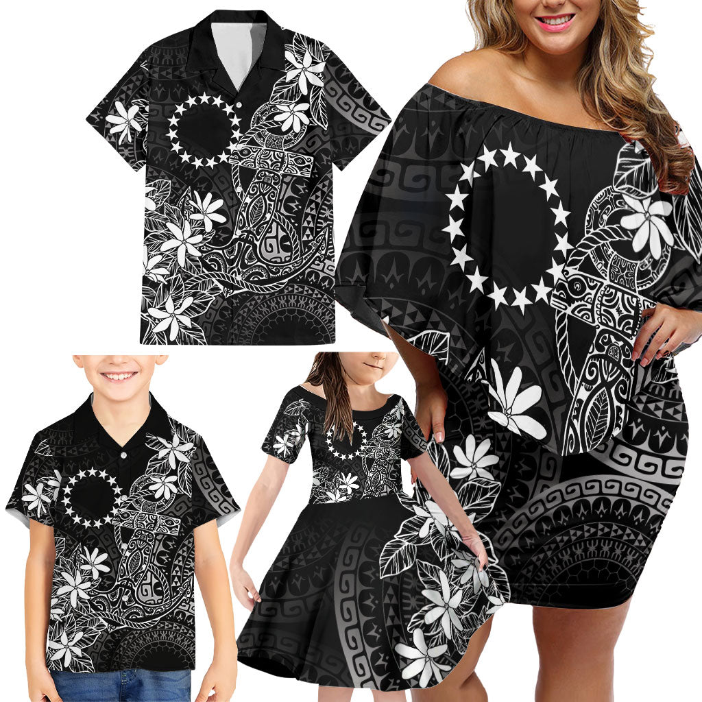 Black Kuki Airani Tapakau Family Matching Off Shoulder Short Dress and Hawaiian Shirt Tribal Anchor Mix Tiare