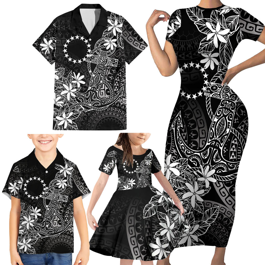 Black Kuki Airani Tapakau Family Matching Short Sleeve Bodycon Dress and Hawaiian Shirt Tribal Anchor Mix Tiare