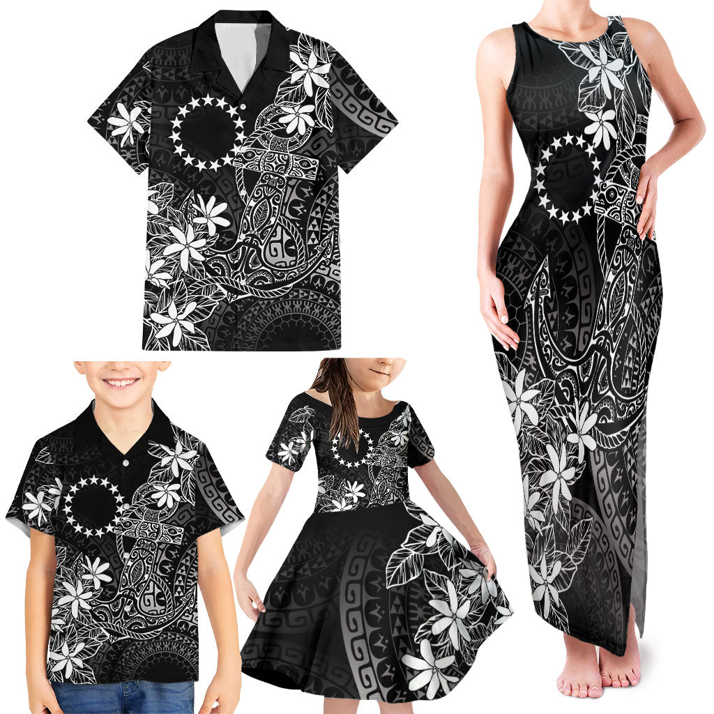 Black Kuki Airani Tapakau Family Matching Tank Maxi Dress and Hawaiian Shirt Tribal Anchor Mix Tiare
