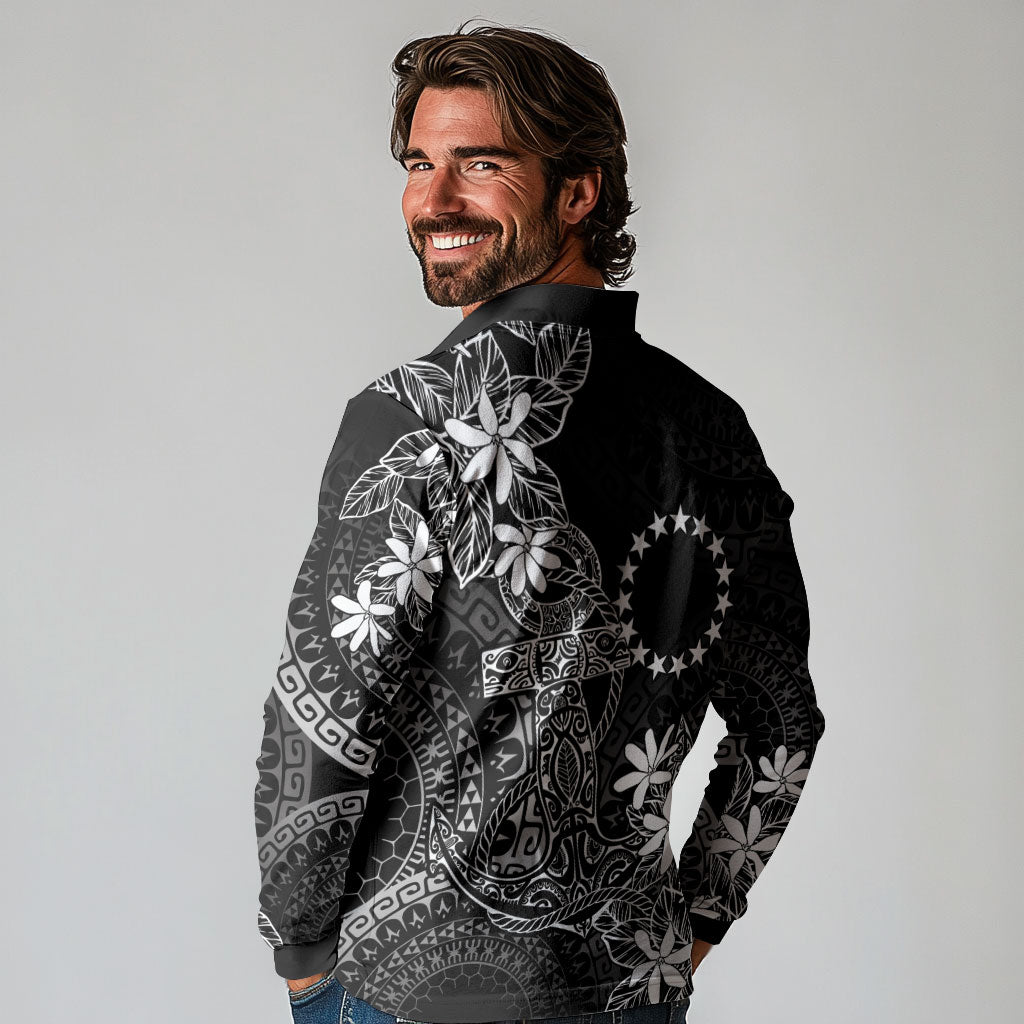 Black Kuki Airani Tapakau Long Sleeve Polo Shirt Tribal Anchor Mix Tiare