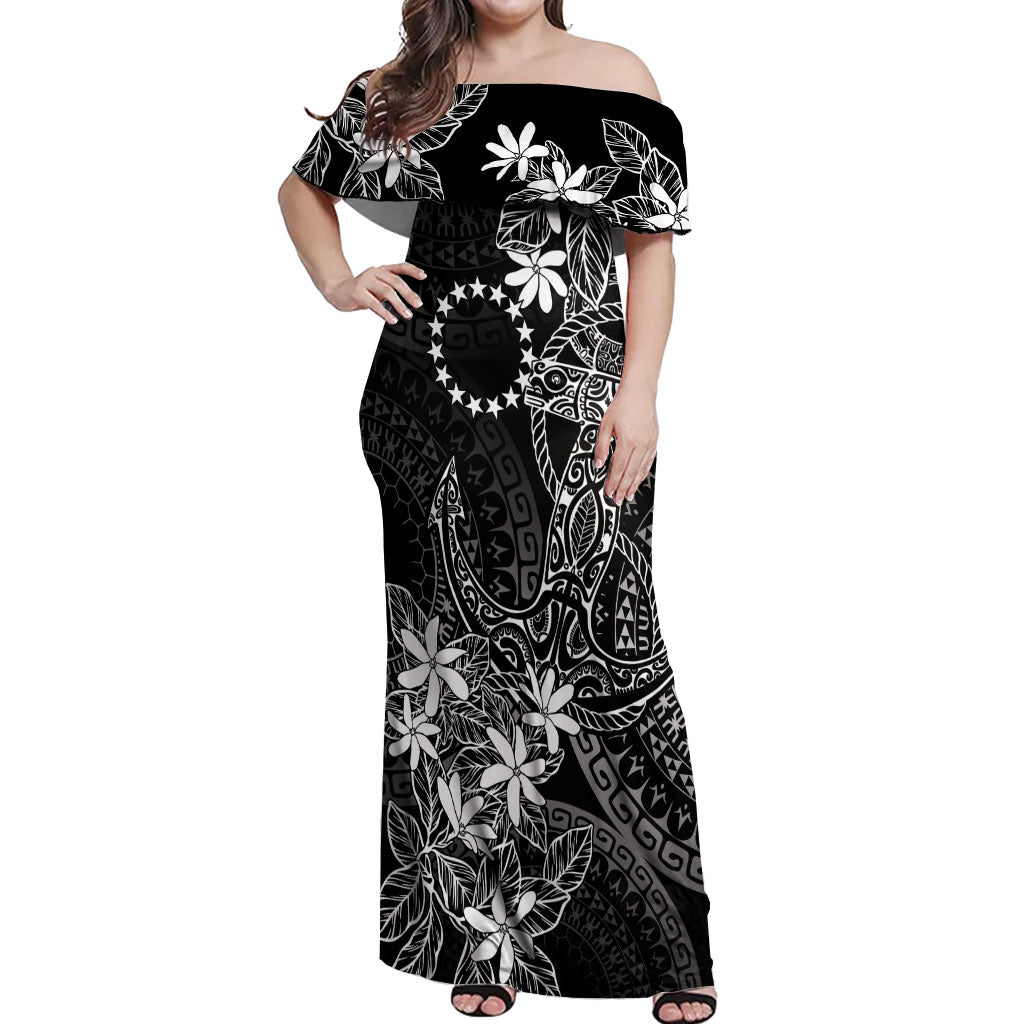 Black Kuki Airani Tapakau Off Shoulder Maxi Dress Tribal Anchor Mix Tiare