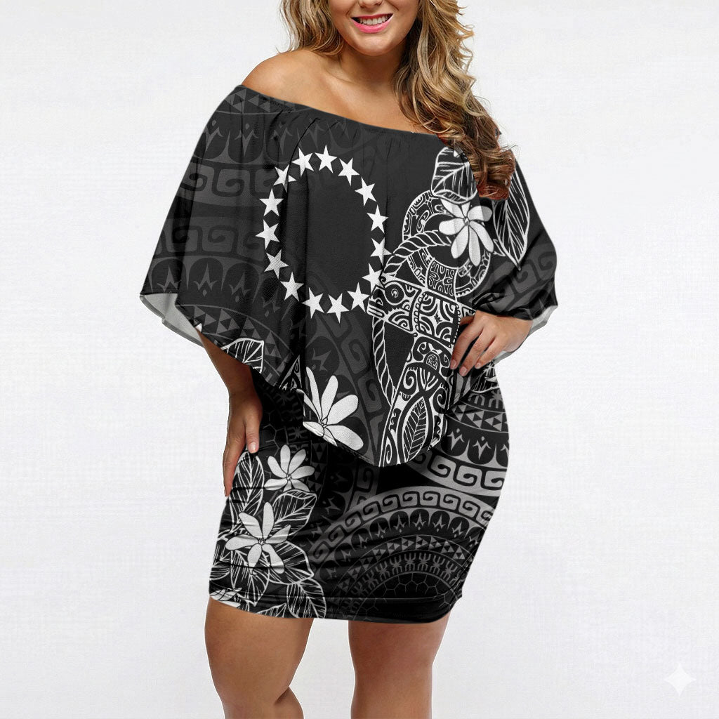Black Kuki Airani Tapakau Off Shoulder Short Dress Tribal Anchor Mix Tiare LT7 Women Black - Polynesian Pride