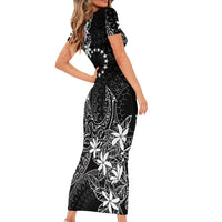 Black Kuki Airani Tapakau Short Sleeve Bodycon Dress Tribal Anchor Mix Tiare