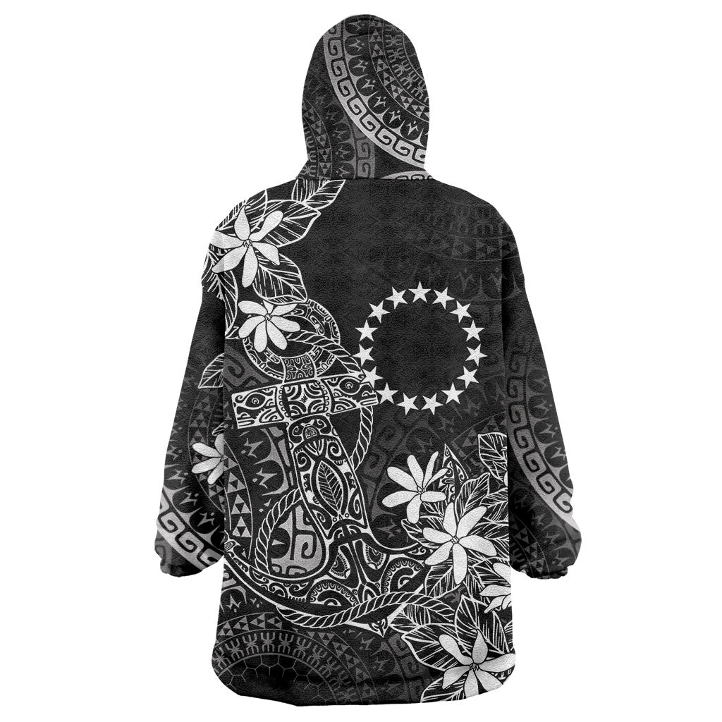 Black Kuki Airani Tapakau Wearable Blanket Hoodie Tribal Anchor Mix Tiare