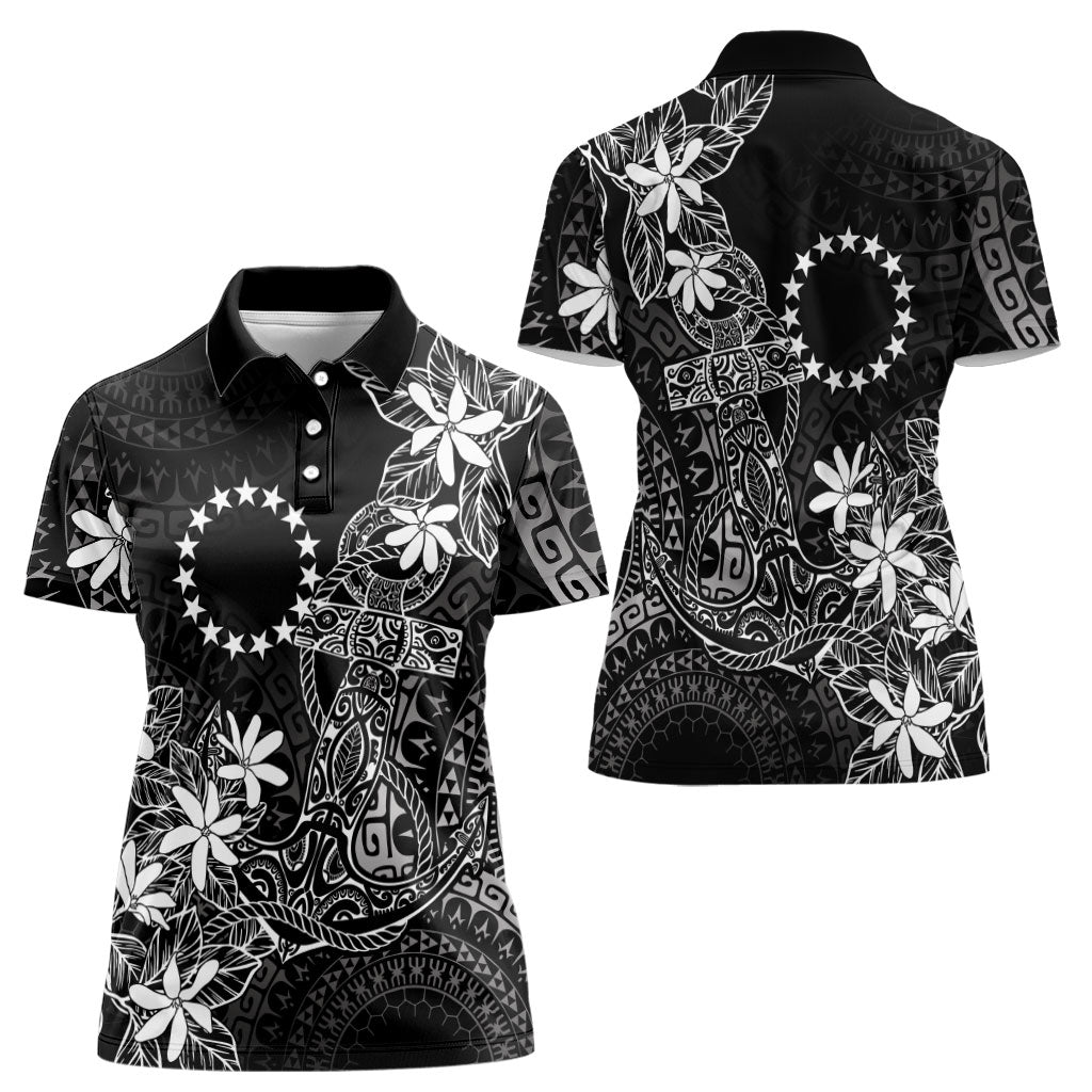 Black Kuki Airani Tapakau Women Polo Shirt Tribal Anchor Mix Tiare