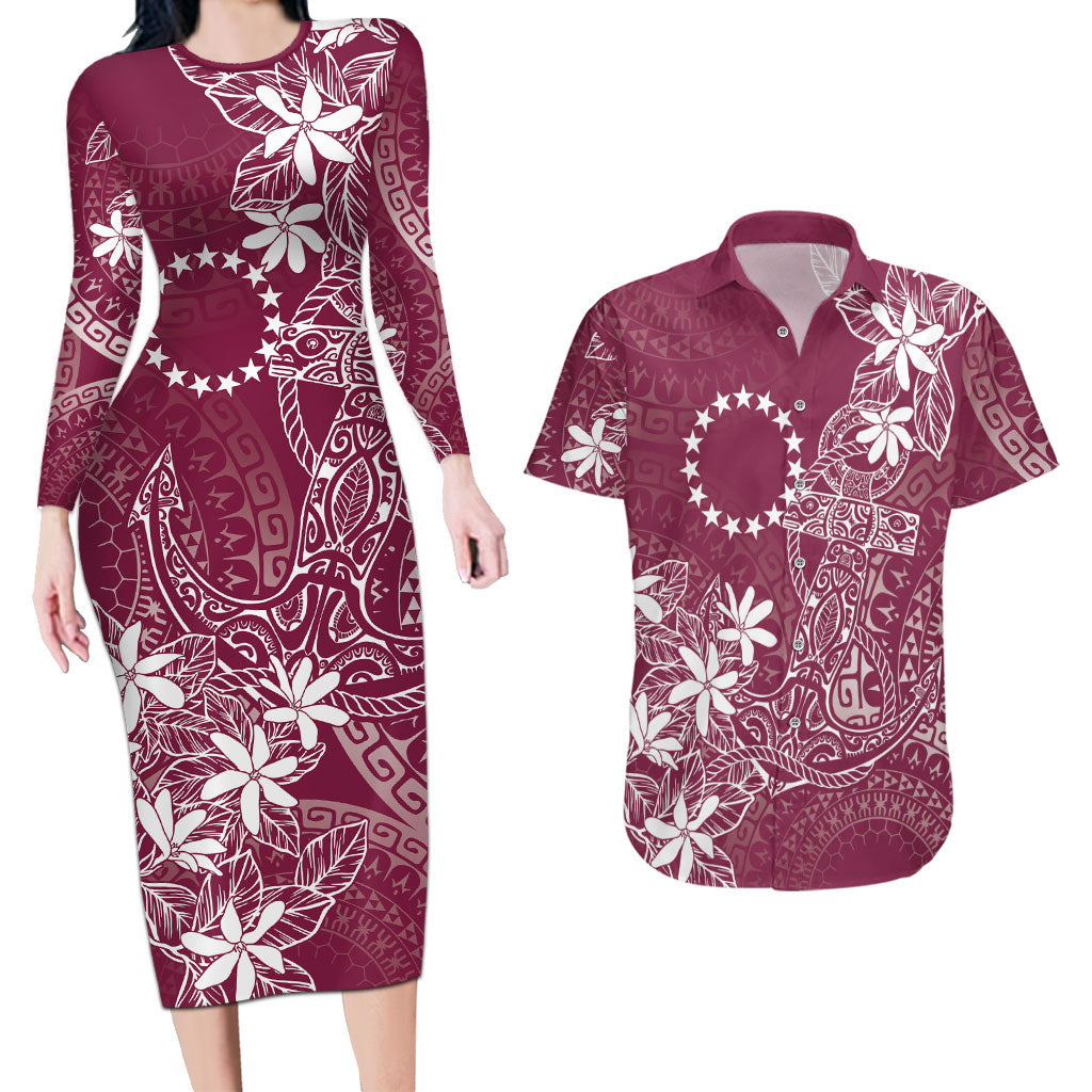 Maroon Kuki Airani Tapakau Couples Matching Long Sleeve Bodycon Dress and Hawaiian Shirt Tribal Anchor Mix Tiare