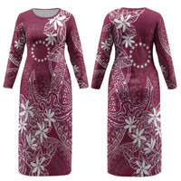 Maroon Kuki Airani Tapakau Couples Matching Long Sleeve Bodycon Dress and Long Sleeve Button Shirt Tribal Anchor Mix Tiare LT7 - Polynesian Pride