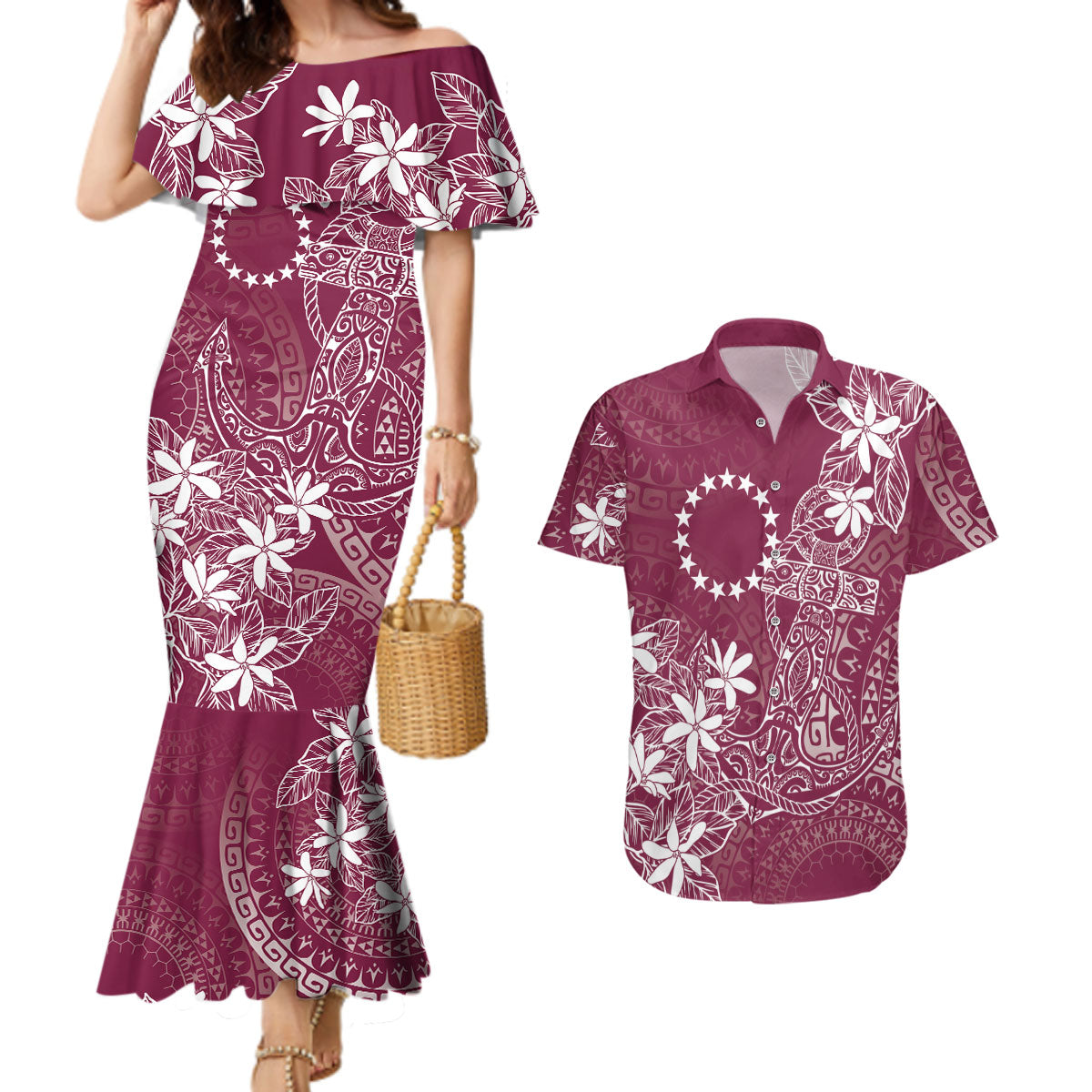 Maroon Kuki Airani Tapakau Couples Matching Mermaid Dress and Hawaiian Shirt Tribal Anchor Mix Tiare