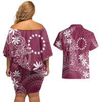 Maroon Kuki Airani Tapakau Couples Matching Off Shoulder Short Dress and Hawaiian Shirt Tribal Anchor Mix Tiare