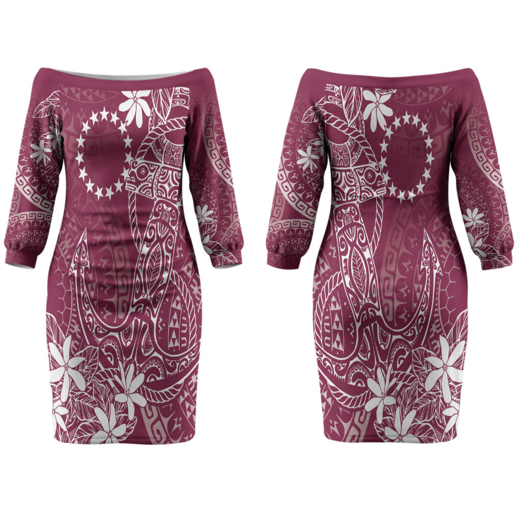 Maroon Kuki Airani Tapakau Couples Matching Off The Shoulder Long Sleeve Dress and Hawaiian Shirt Tribal Anchor Mix Tiare LT7 - Polynesian Pride
