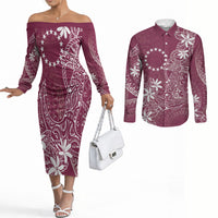 Maroon Kuki Airani Tapakau Couples Matching Off The Shoulder Long Sleeve Dress and Long Sleeve Button Shirt Tribal Anchor Mix Tiare LT7 Maroon - Polynesian Pride