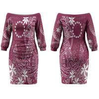 Maroon Kuki Airani Tapakau Couples Matching Off The Shoulder Long Sleeve Dress and Long Sleeve Button Shirt Tribal Anchor Mix Tiare LT7 - Polynesian Pride