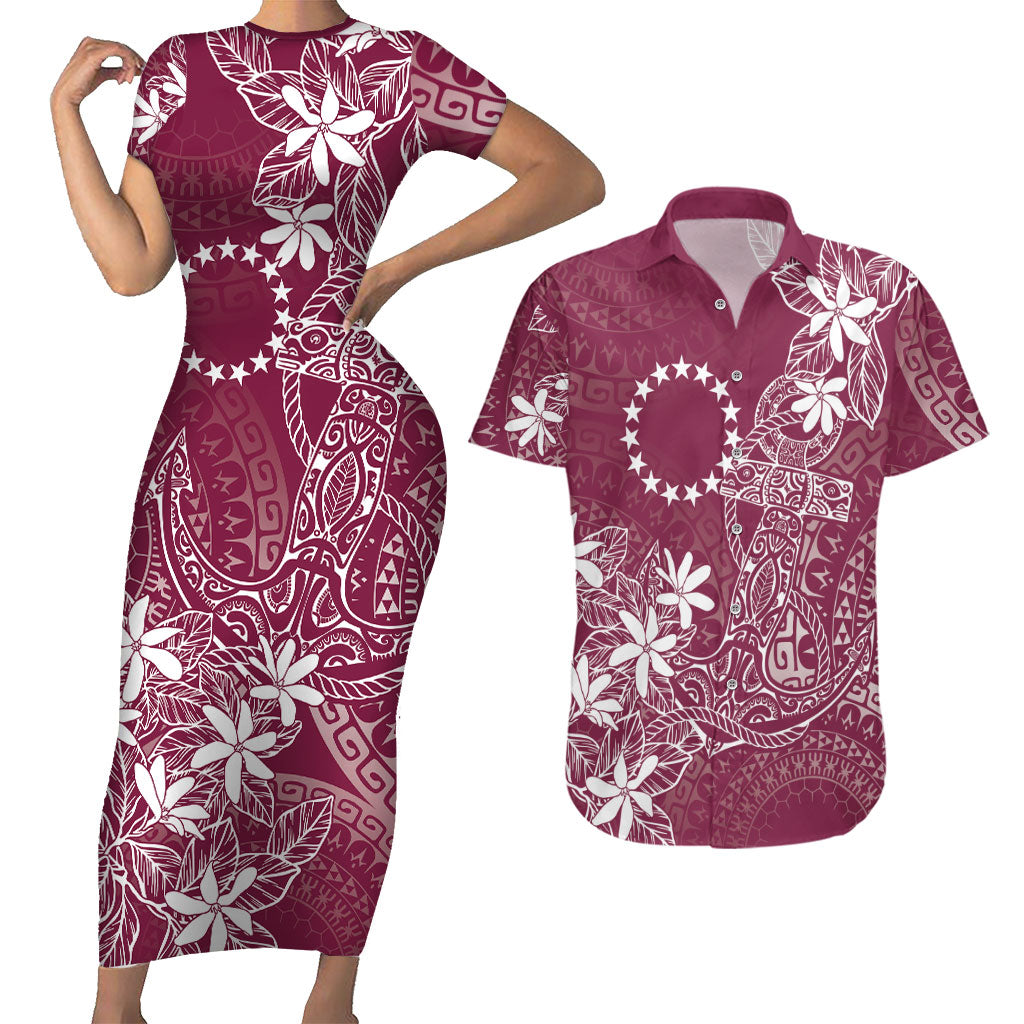Maroon Kuki Airani Tapakau Couples Matching Short Sleeve Bodycon Dress and Hawaiian Shirt Tribal Anchor Mix Tiare