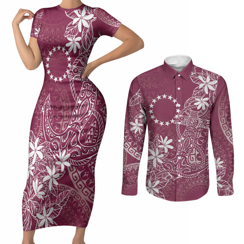 Maroon Kuki Airani Tapakau Couples Matching Short Sleeve Bodycon Dress and Long Sleeve Button Shirt Tribal Anchor Mix Tiare LT7 Maroon - Polynesian Pride