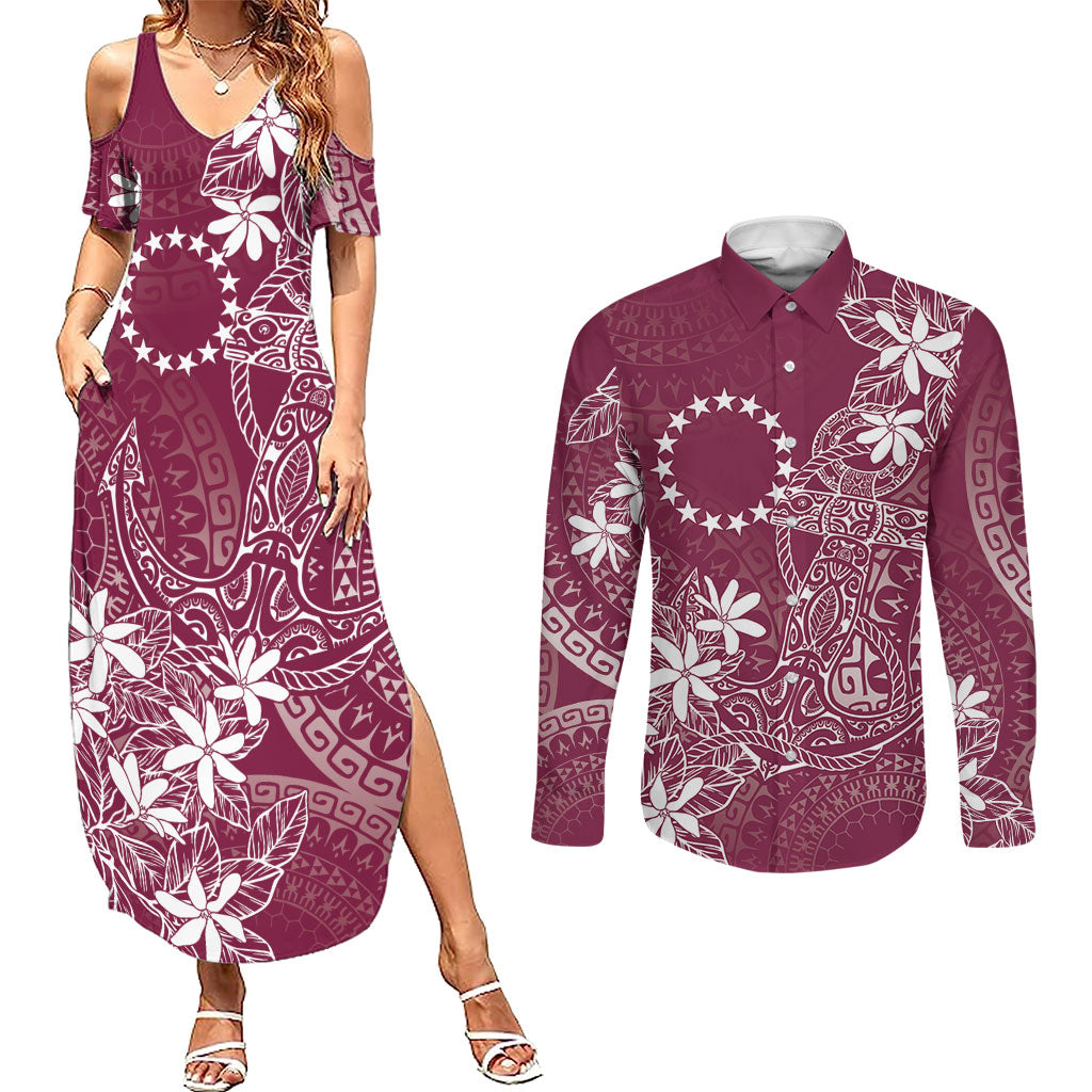 Maroon Kuki Airani Tapakau Couples Matching Summer Maxi Dress and Long Sleeve Button Shirt Tribal Anchor Mix Tiare
