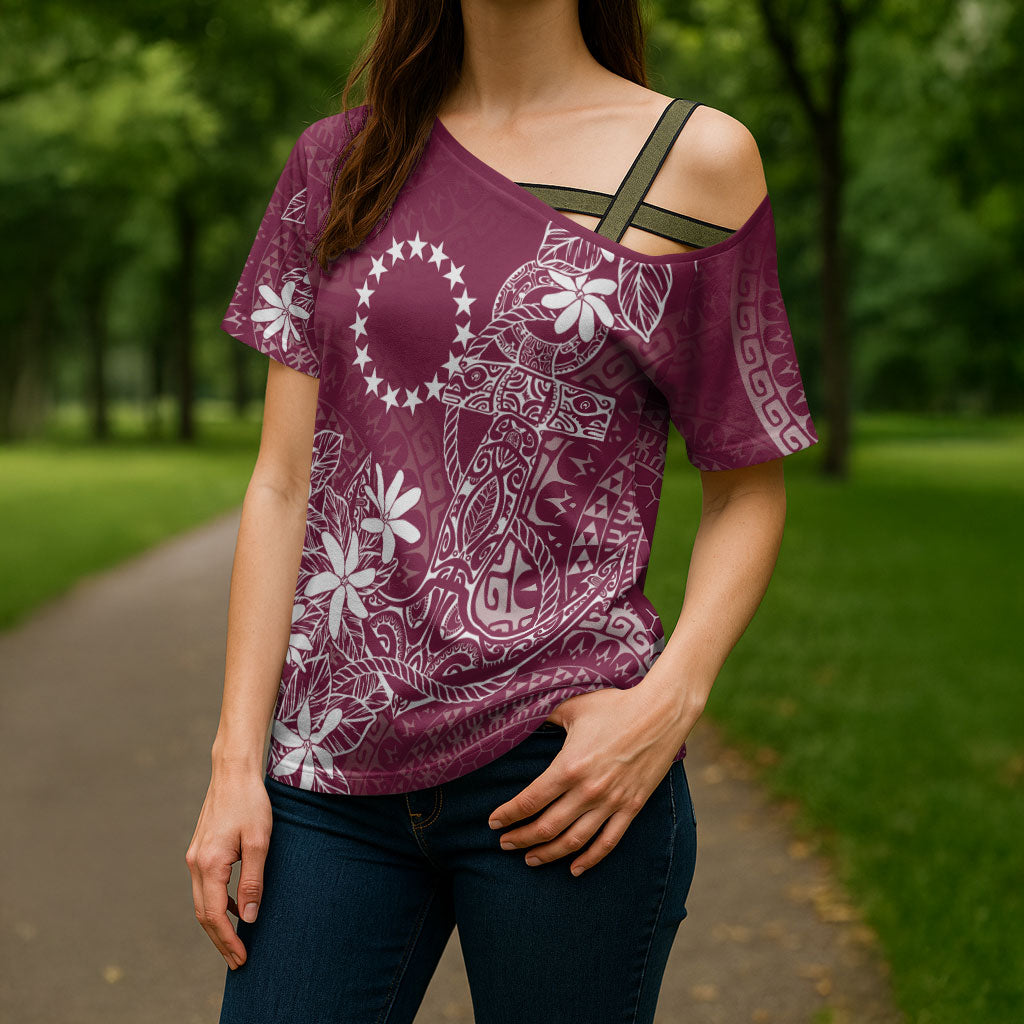 Maroon Kuki Airani Tapakau Cross Shoulder Shirt Tribal Anchor Mix Tiare